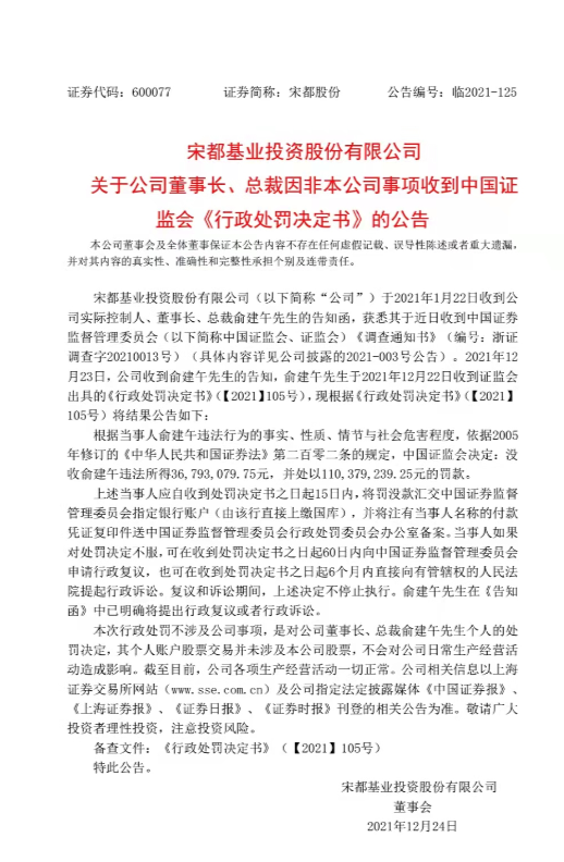 突發！宋都股份實控人因內幕交易被罰1.1億元 公司回應：股票交易與公司無關