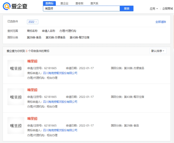 愛企查顯示，海底撈成功注冊多個“嘴里撈”商標