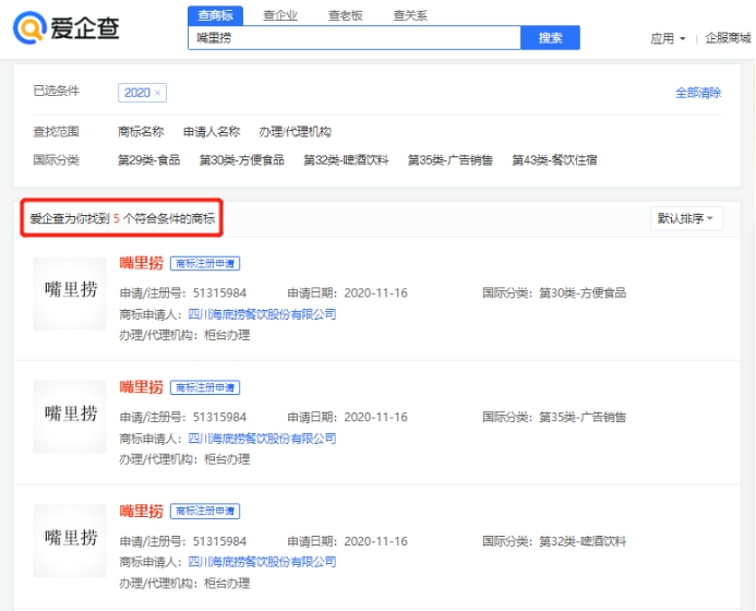 愛(ài)企查顯示，海底撈成功注冊(cè)多個(gè)“嘴里撈”商標(biāo)